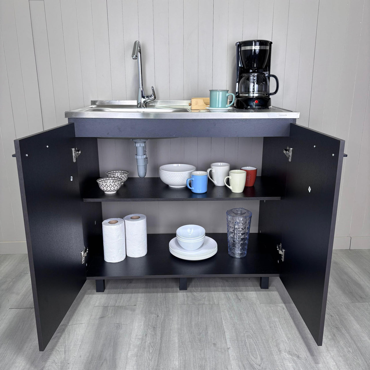 Napoles 2 Utility Sink with Cabinet, Stainless Steel Countertop, Interior Shelf - Wenge
