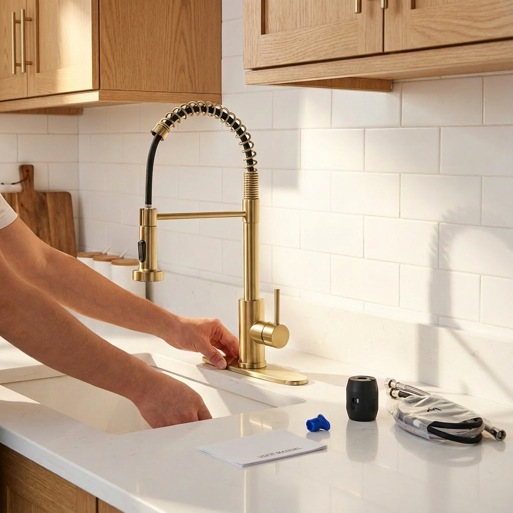 Kitchen Faucet with Pull Down Sprayer Industrial 1 Handle 1 Hole Or 3 Hole Faucet for Farmhouse Camper Laundry Utility Rv Wet Bar Sinks, Stainless Steel, Brushed Gold