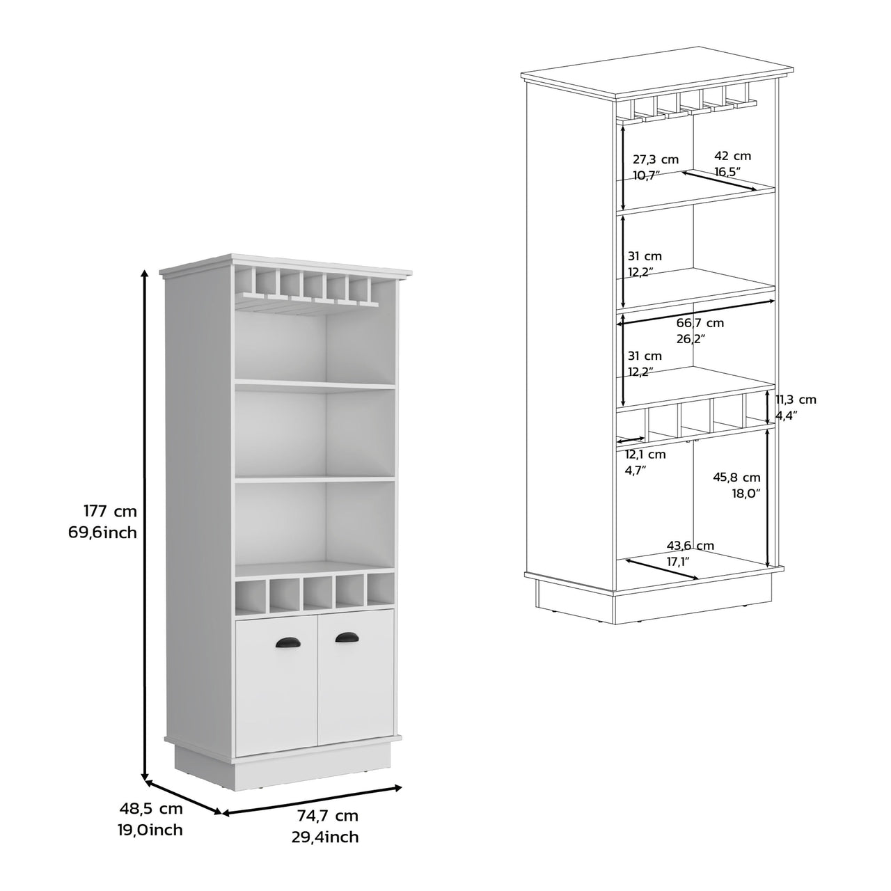 70'H Bar Cabinet with Wine Rack, Upper Glass Cabinet, three Open Storage Shelves and One Cabinet,White