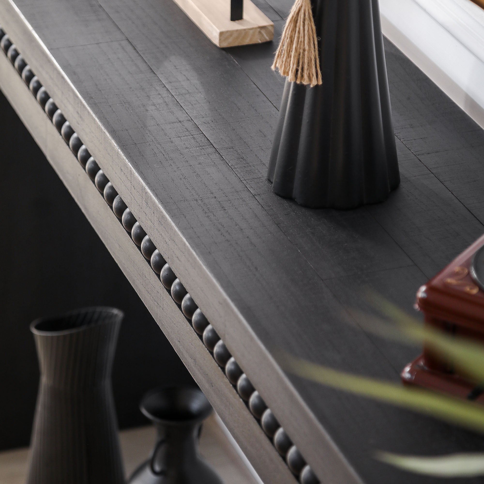 64in Modern Black Wood Console Table – Elegant Entryway Table with Decorative Beaded Trim