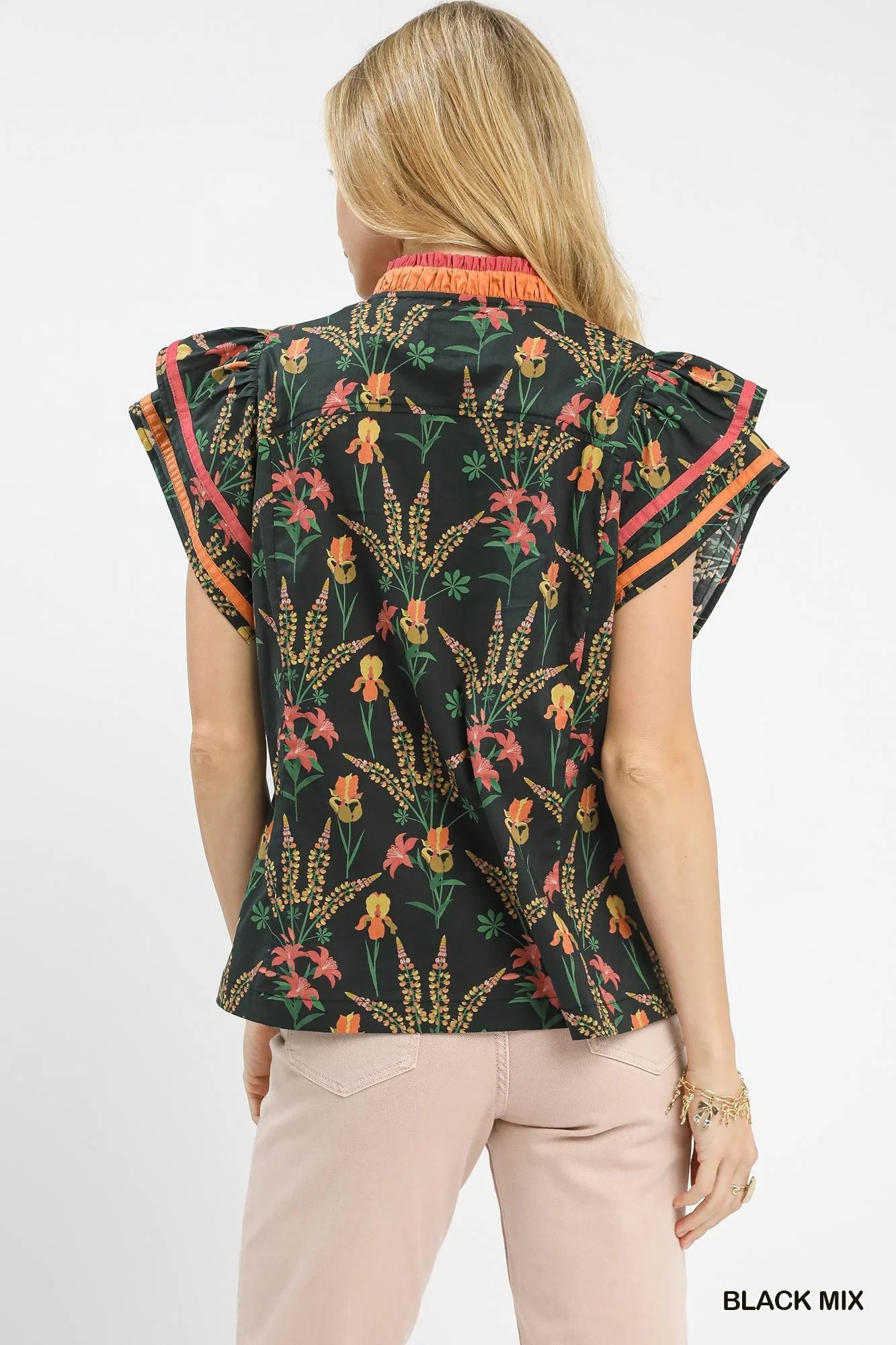 Umgee Mix Floral Print Blouse with Contrast Trim