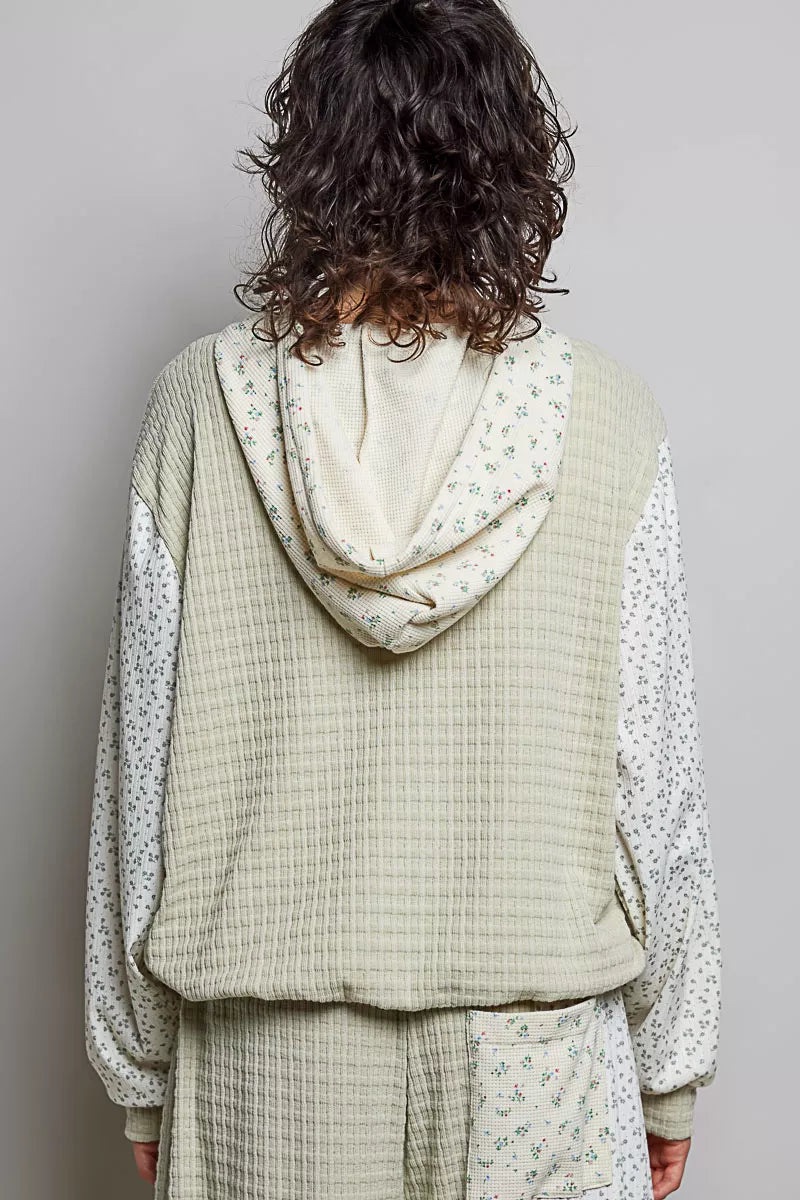 POL Mixed Knit Contrast Print Sleeve Hoodie with Kangaroo Pocket