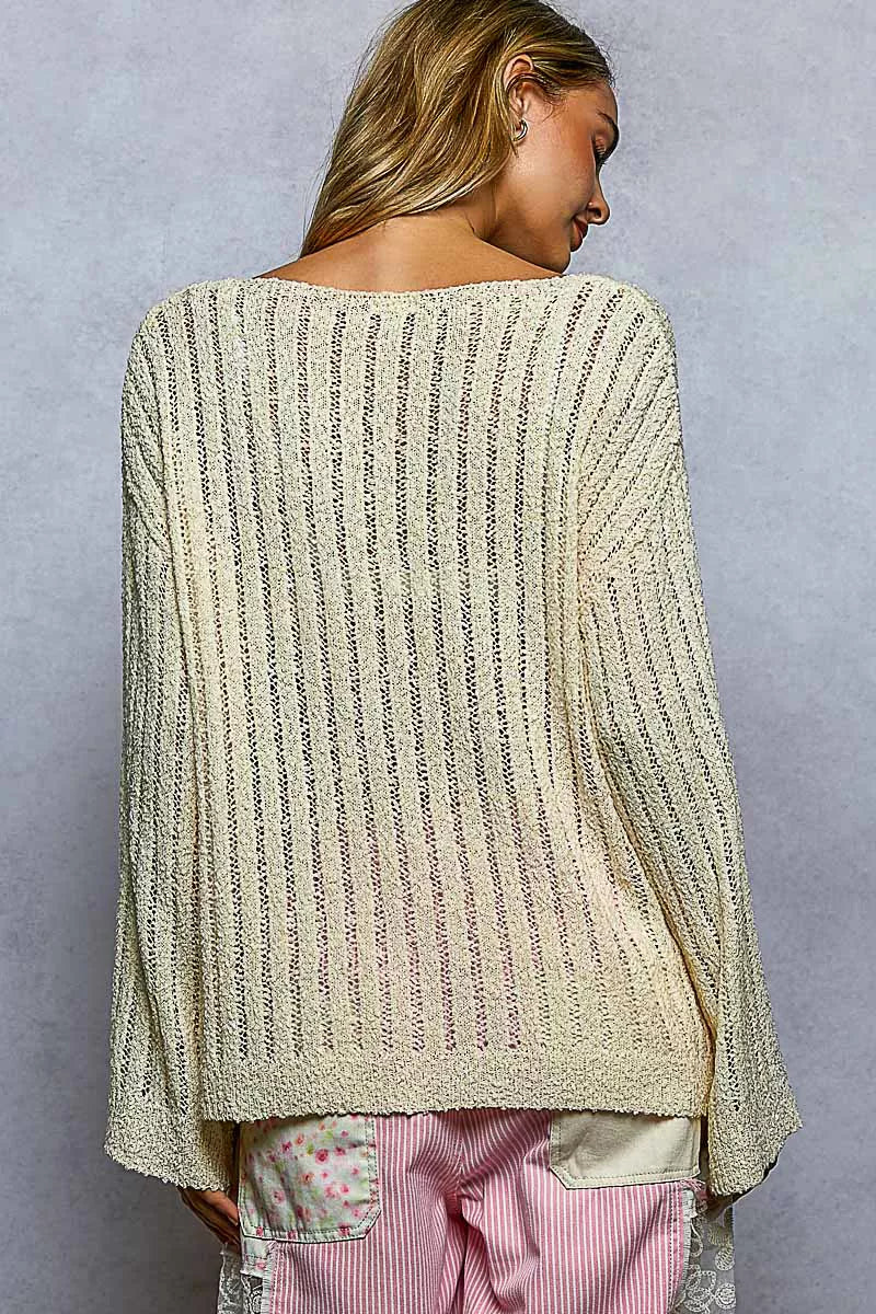 POL Round Neck Long Sleeve Open Weave Sweater