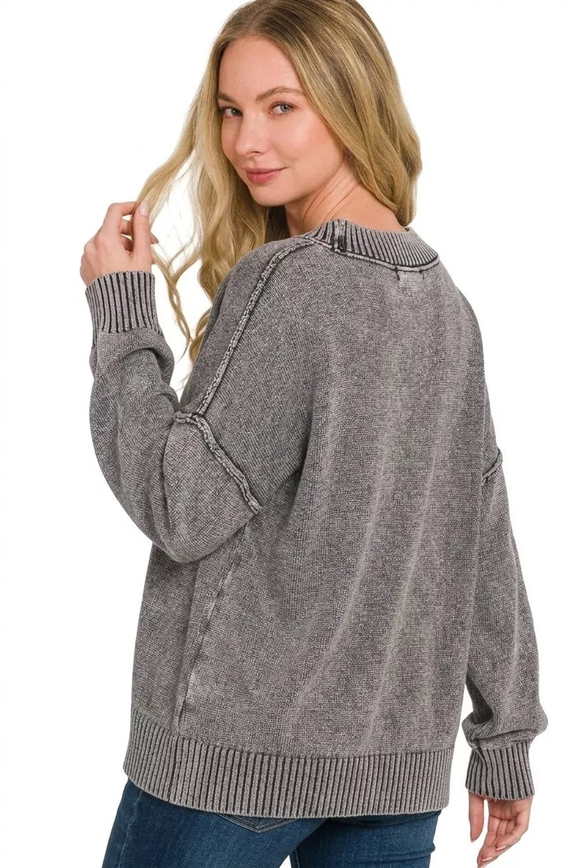 Zenana Washed Deep V-neck Oversized Sweater