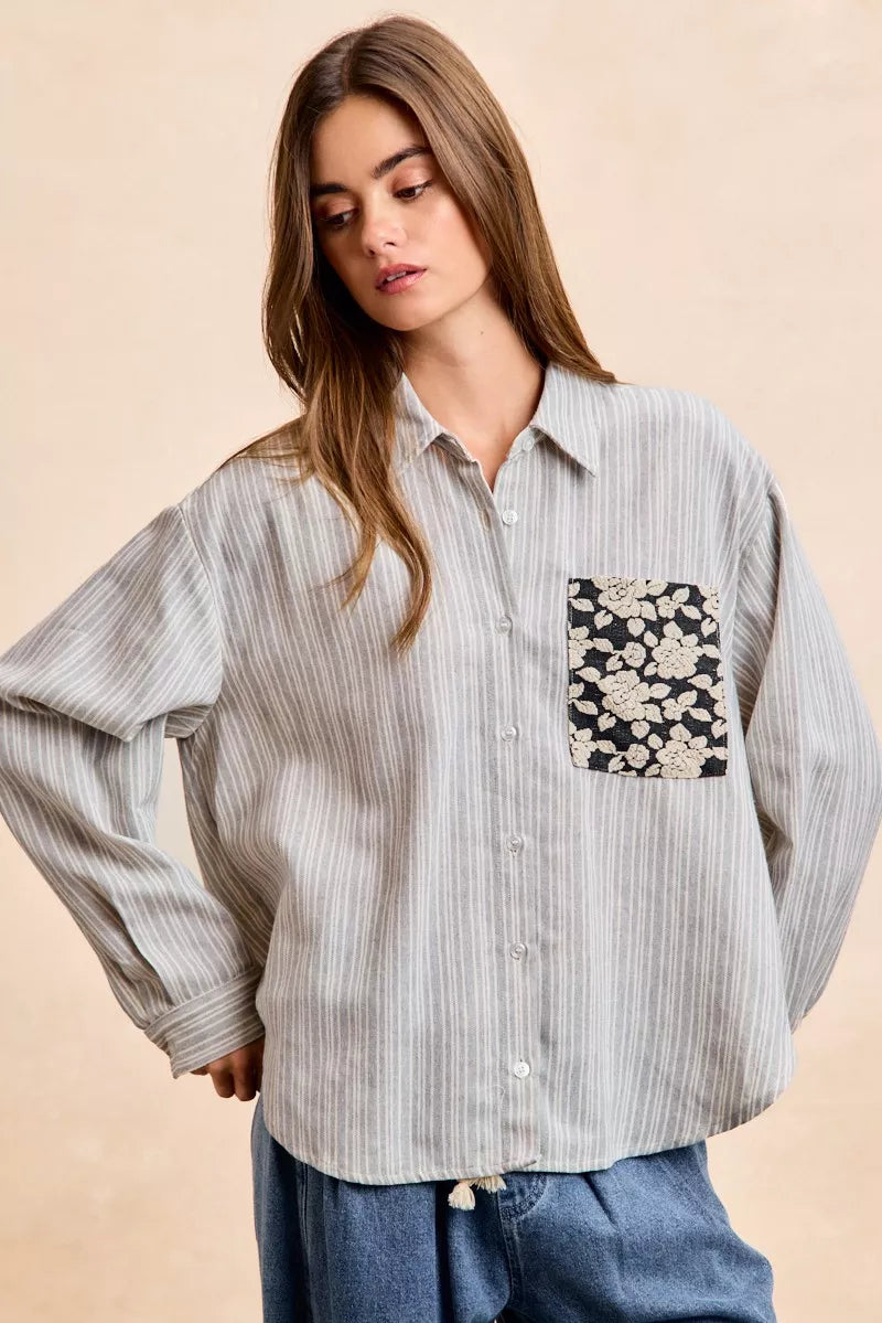 BiBi Flower Jacquard Knit Patch Pocket Stripe Shirt