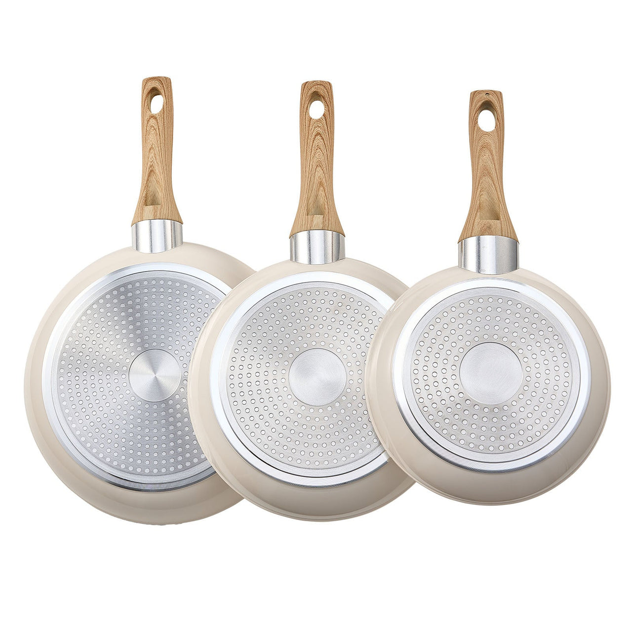 3 Piece Frying Pan Aluminum Skillet Set 8 9.5 11 in Handle Pre-Seasoned Beige