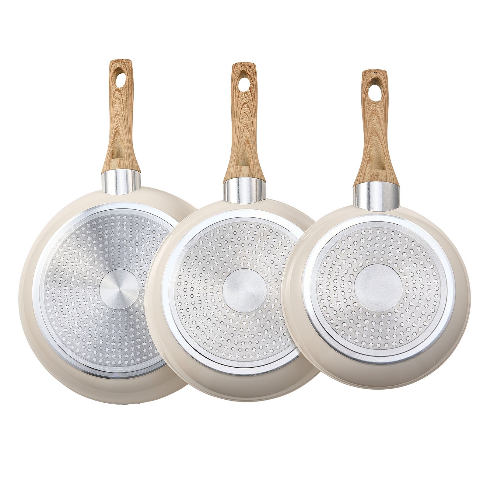 3 Piece Frying Pan Aluminum Skillet Set 8 9.5 11 in Handle Pre-Seasoned Beige