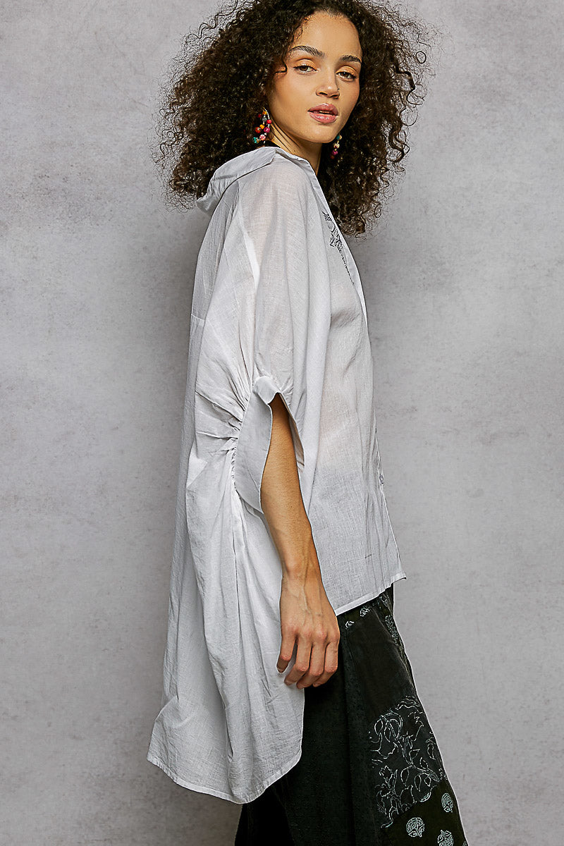 POL Button Down Embroidered Floral High-Low Hem Shirt