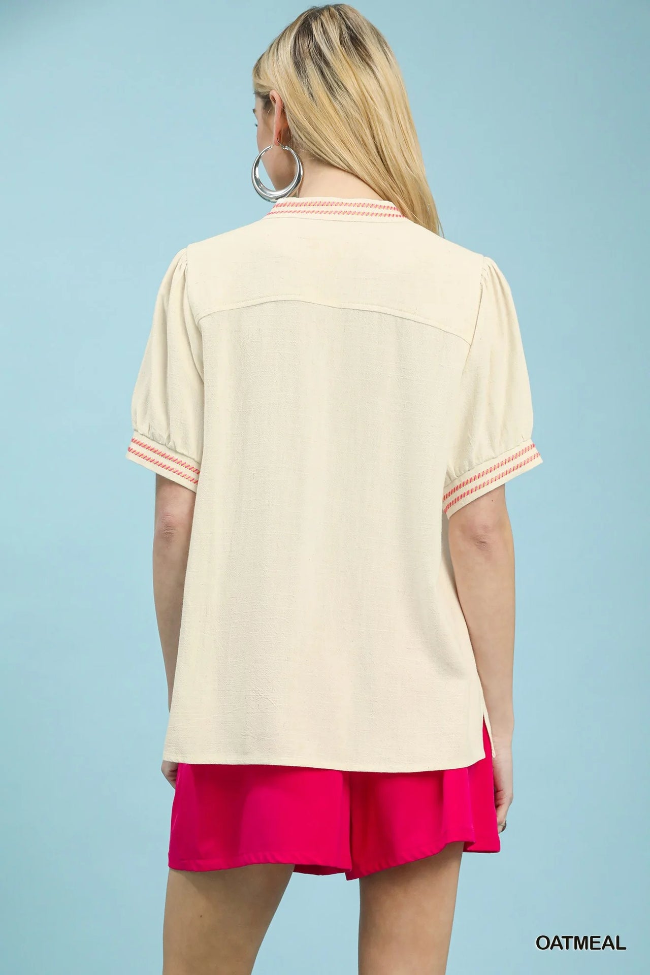 Umgee Embroidery Linen Puff Sleeve Blouse