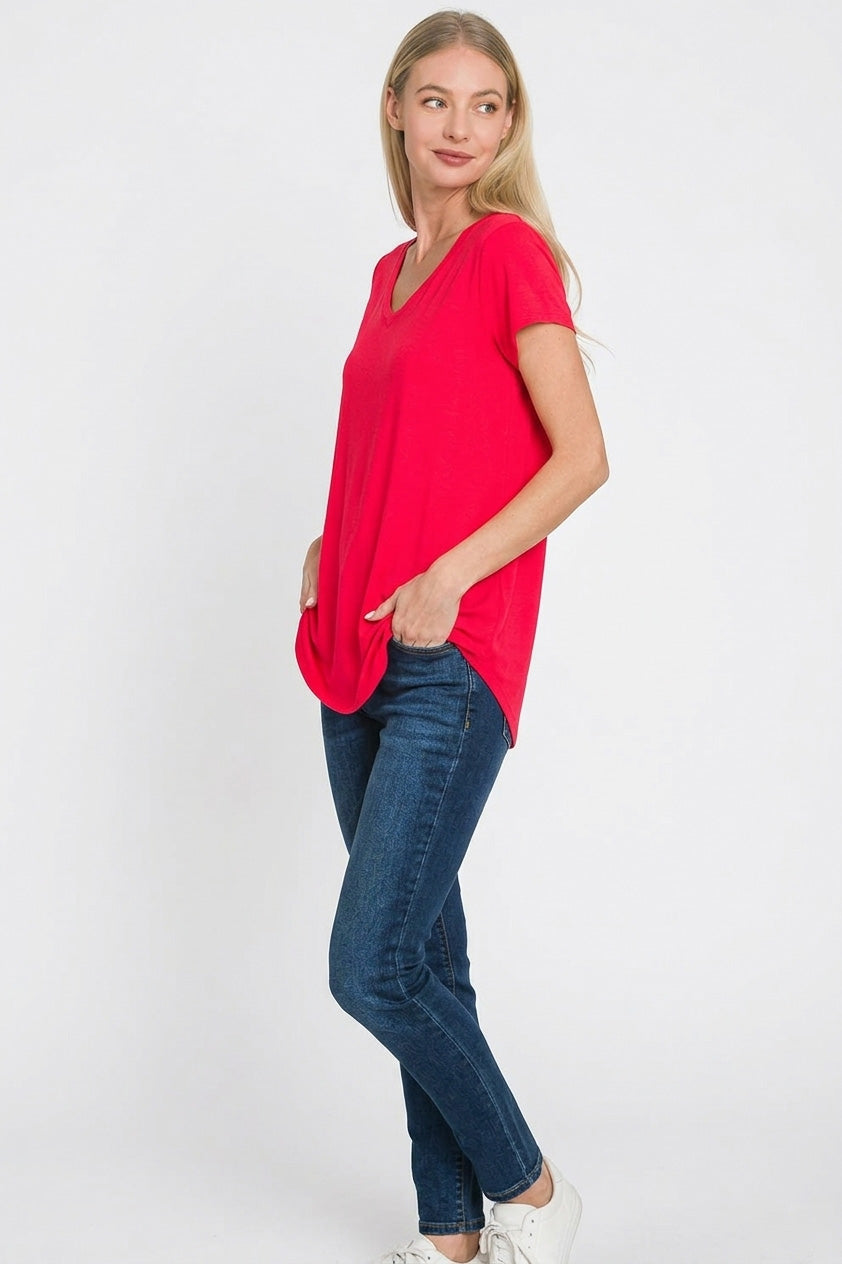 Zenana Rayon Short Sleeve V-neck Round Hem Top