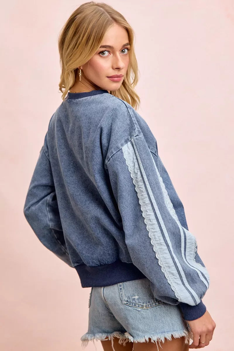 BiBi Washed Denim Lace Contrast Sided Sweatshirt