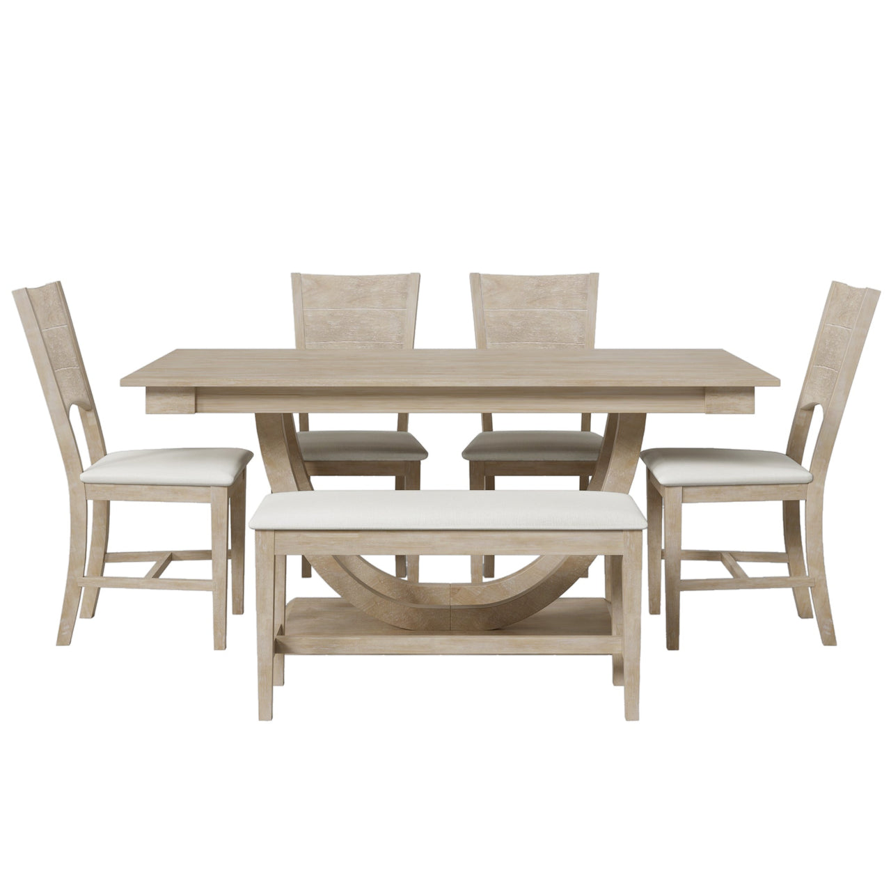 TOPMAX Modern Style Natural Wood 6-Piece Dining Table Set with Bench and Chairs, Upholstered Seats, Rubberwood Frame
