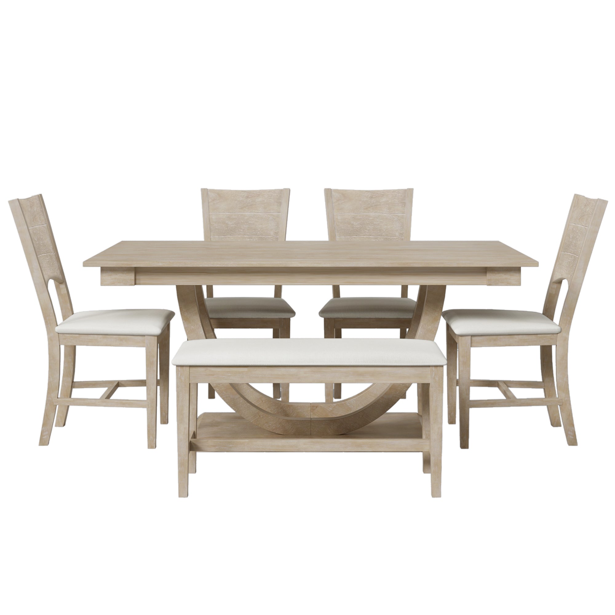TOPMAX Modern Style Natural Wood 6-Piece Dining Table Set with Bench and Chairs, Upholstered Seats, Rubberwood Frame