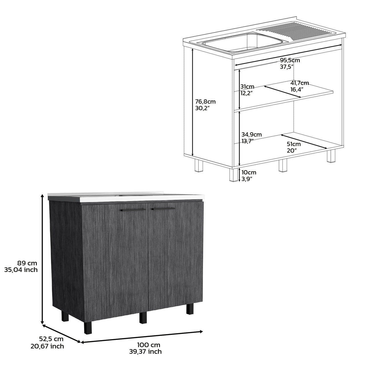 2 Freestanding Utility Base Cabinet with Stainless Steel Countertop and 2-Door, Smokey Oak
