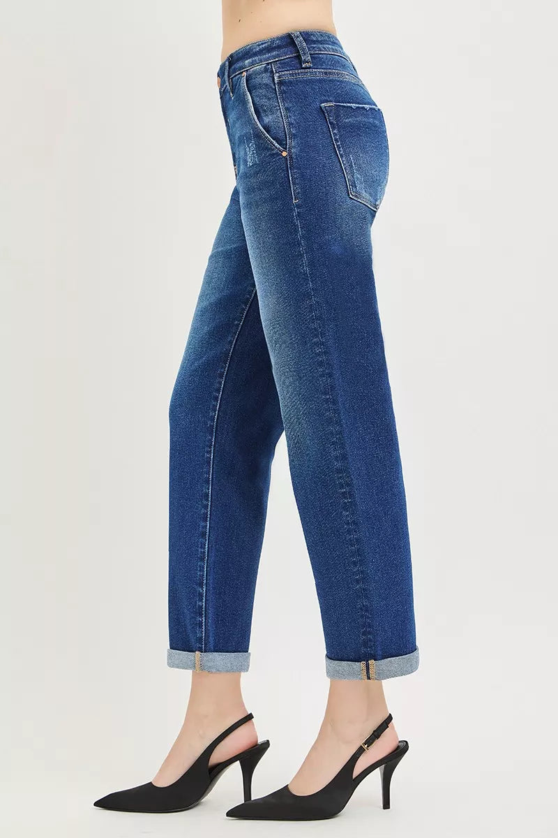 RISEN Slouchy Cropped Boyfriend Jeans with Cuffed Hem