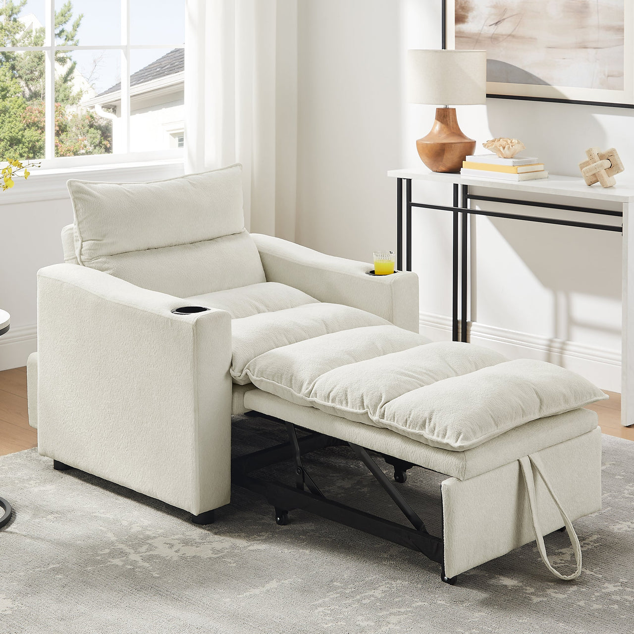 Sleeper Sofa Chair Bed, Convertible Sofa Chair 3-in-1, Adjustable Sleeper Chair Pullout Sofa Bed with Modern Velvet Fabric for Living Room Apartment Small Space, Beige