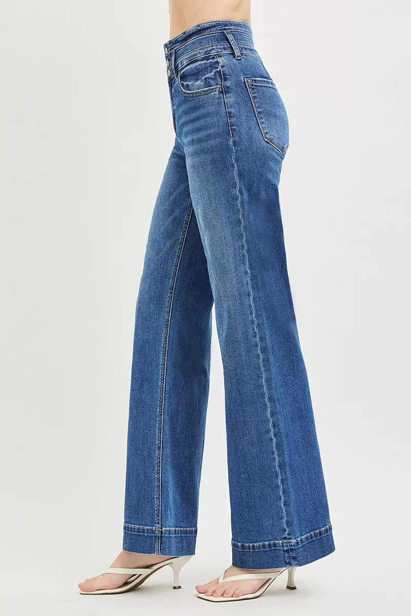 RISEN High Rise Wide Leg Wide Band Detail Jeans