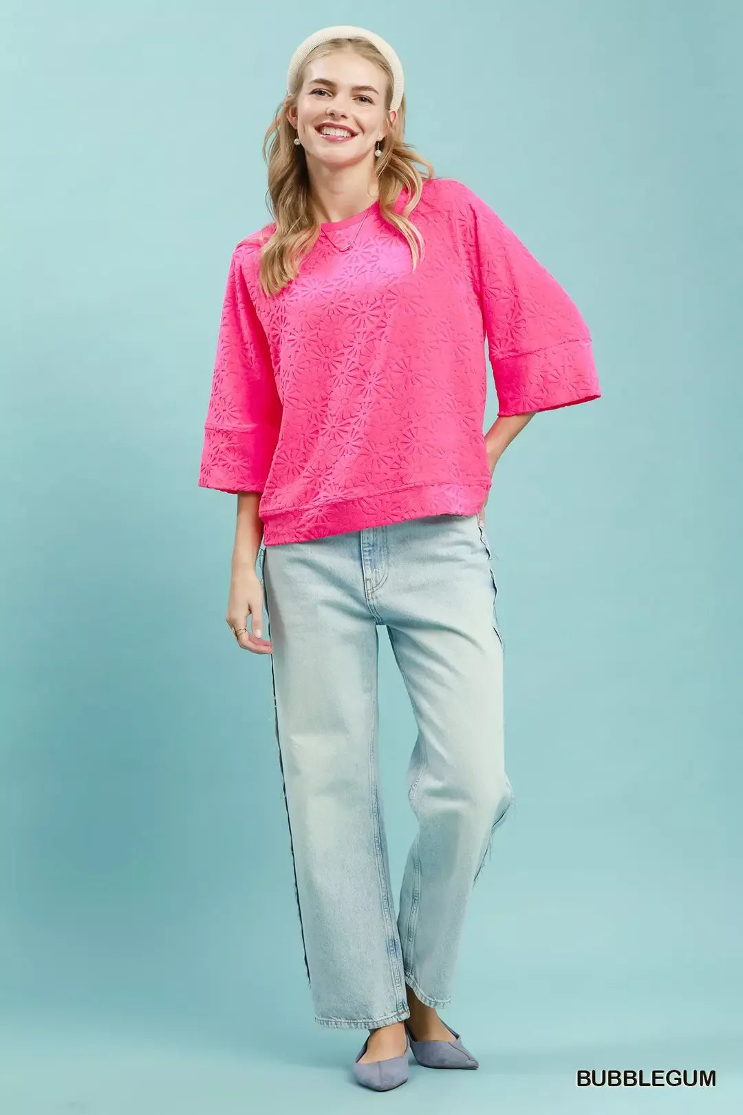 Round Neck Textured Floral Terry Blouse