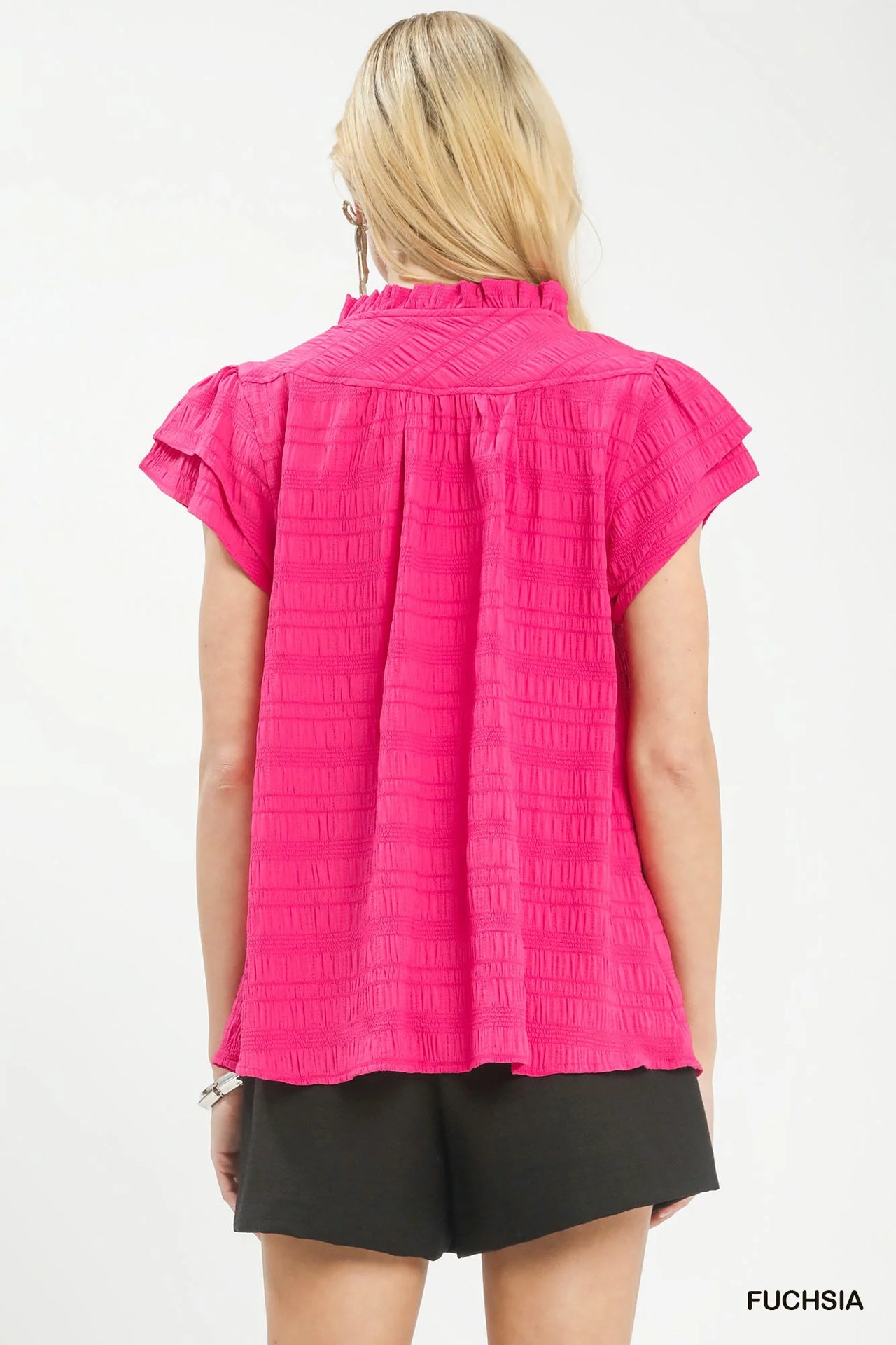 Umgee Textured Flutter Sleeve Split Neck Top