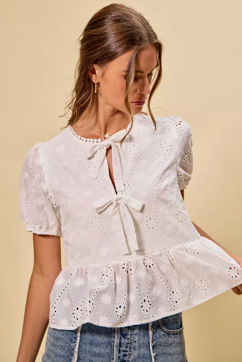 SO ME Cotton Eyelet Front Tie Short Sleeves Blouse