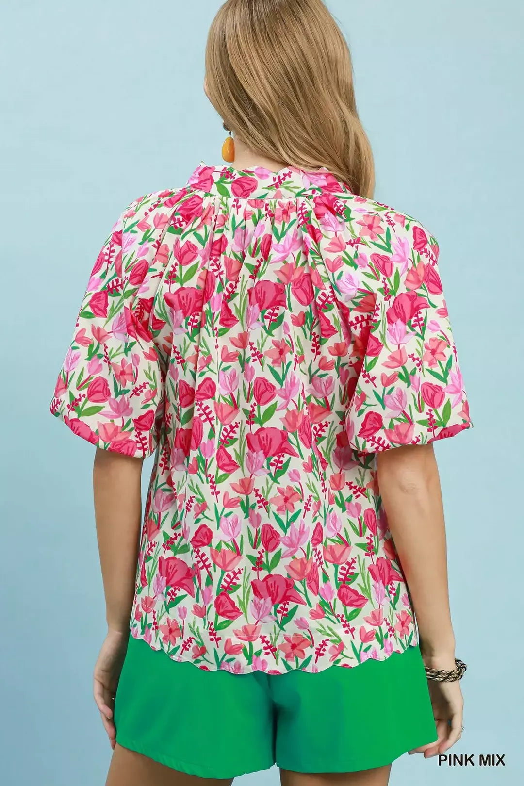 Umgee Floral Puff Sleeve Blouse with Scalloped Details
