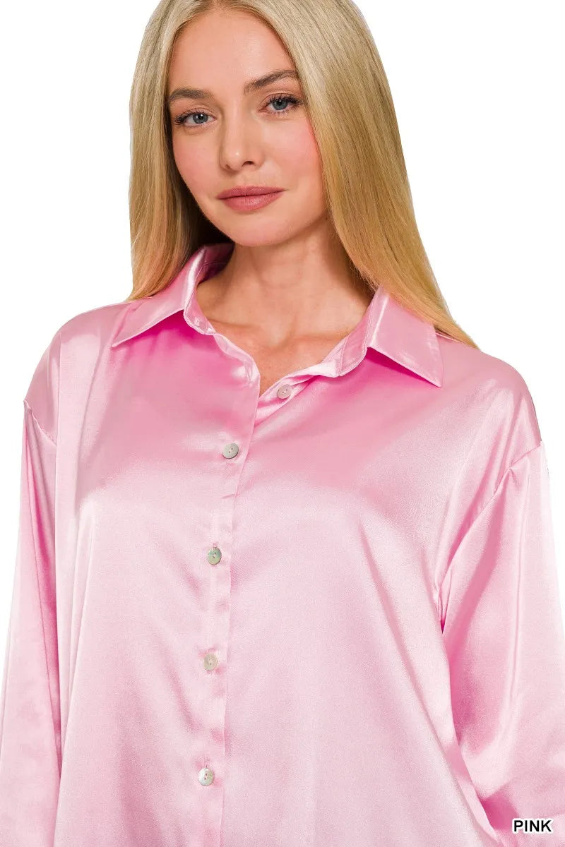 Zenana Satin Button Down Long Sleeve Shirt