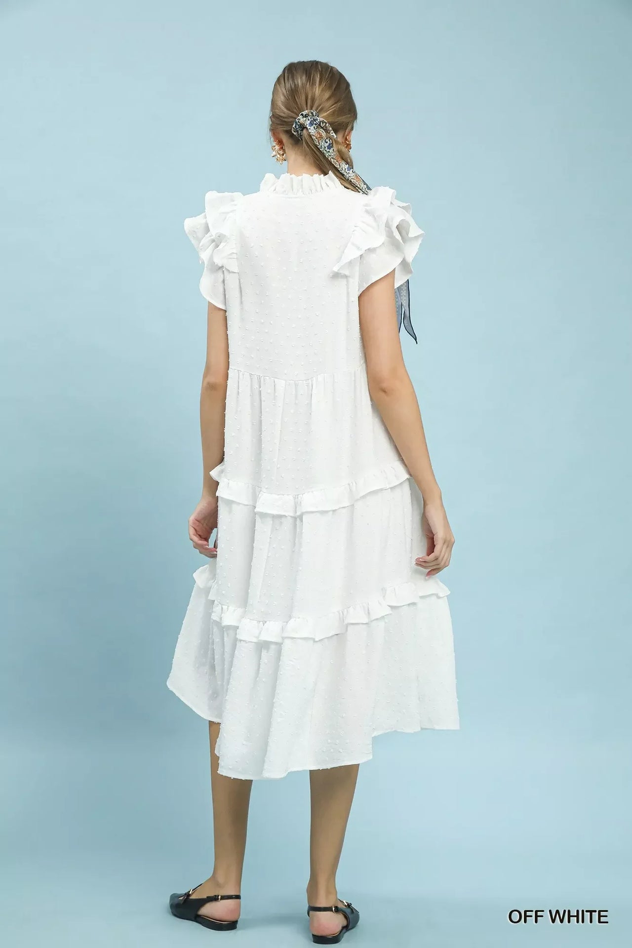 Umgee Textured Ruffle Sleeve Tiered Midi Dress
