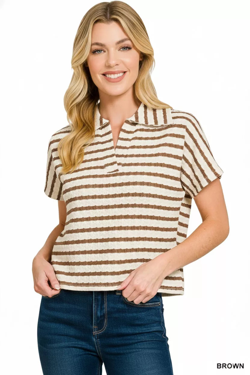 Zenana Striped Split Neck Collared Top