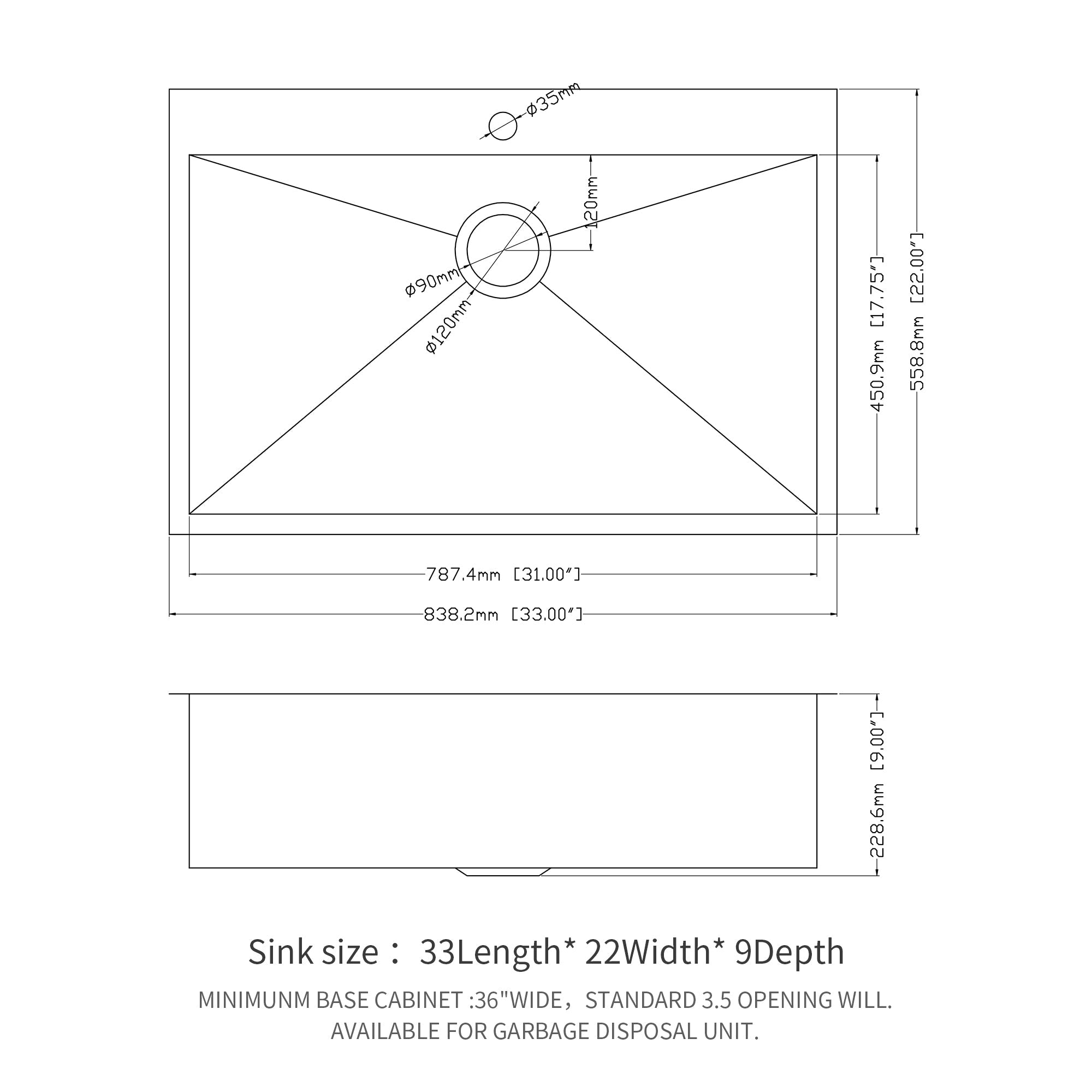 Brushed Nickel 33 x 22 Inch Kitchen Sink Drop In 16 Gauge Stainless Steel Single Bowl Topmount Basin