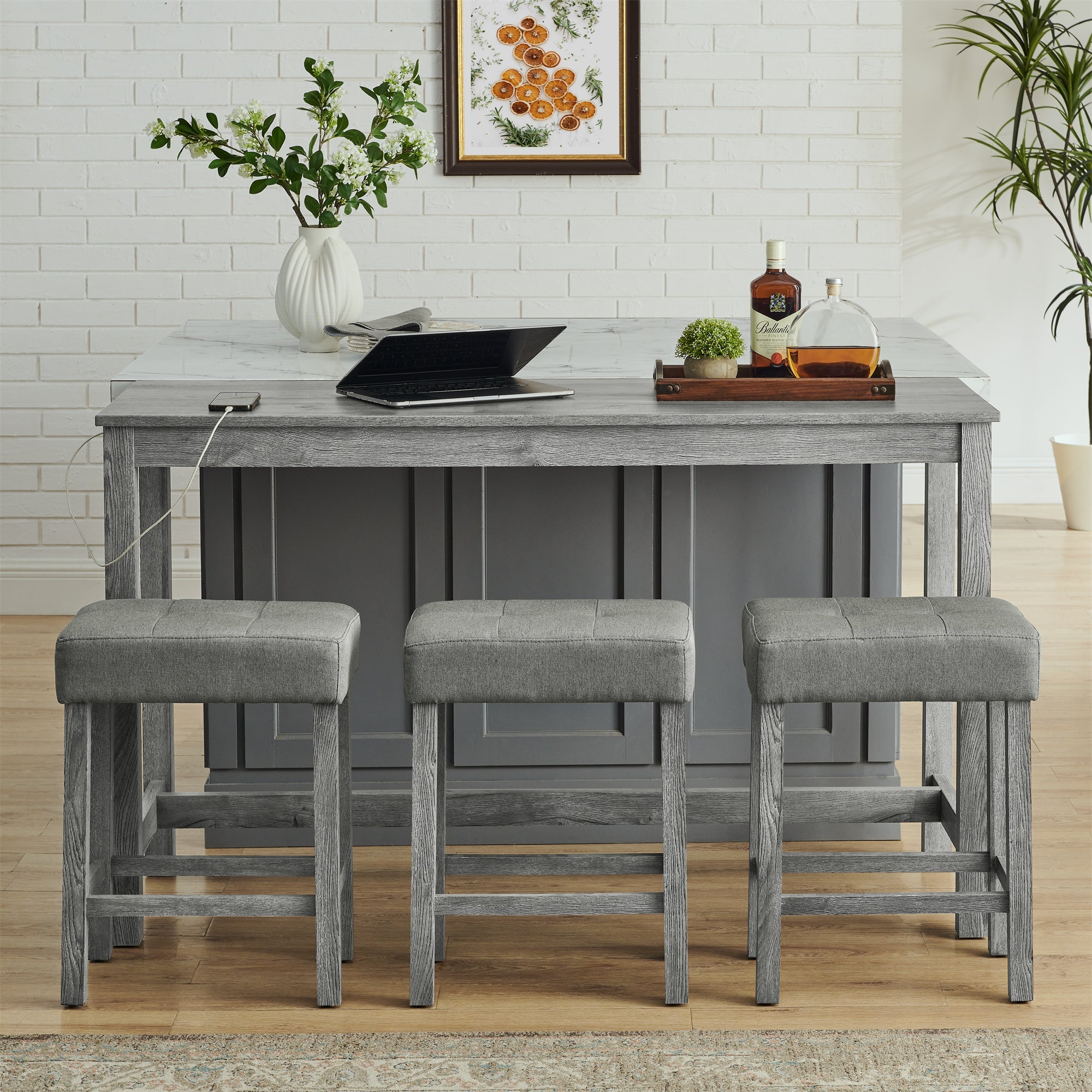 59 Inch Bar Table, Dining Table, Sofa Table with Power Outlet, 3 Upholstered Stools, 4 Piece Bar Table and Chair Set for Living Room, Dining Room, Kitchen