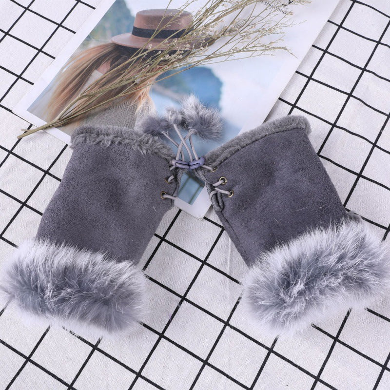 Suede Rabbit Hair Half Finger Gloves