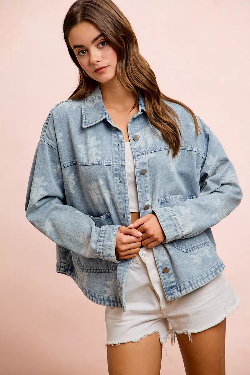 BiBi Printed Washed Denim Jacket With Pocket