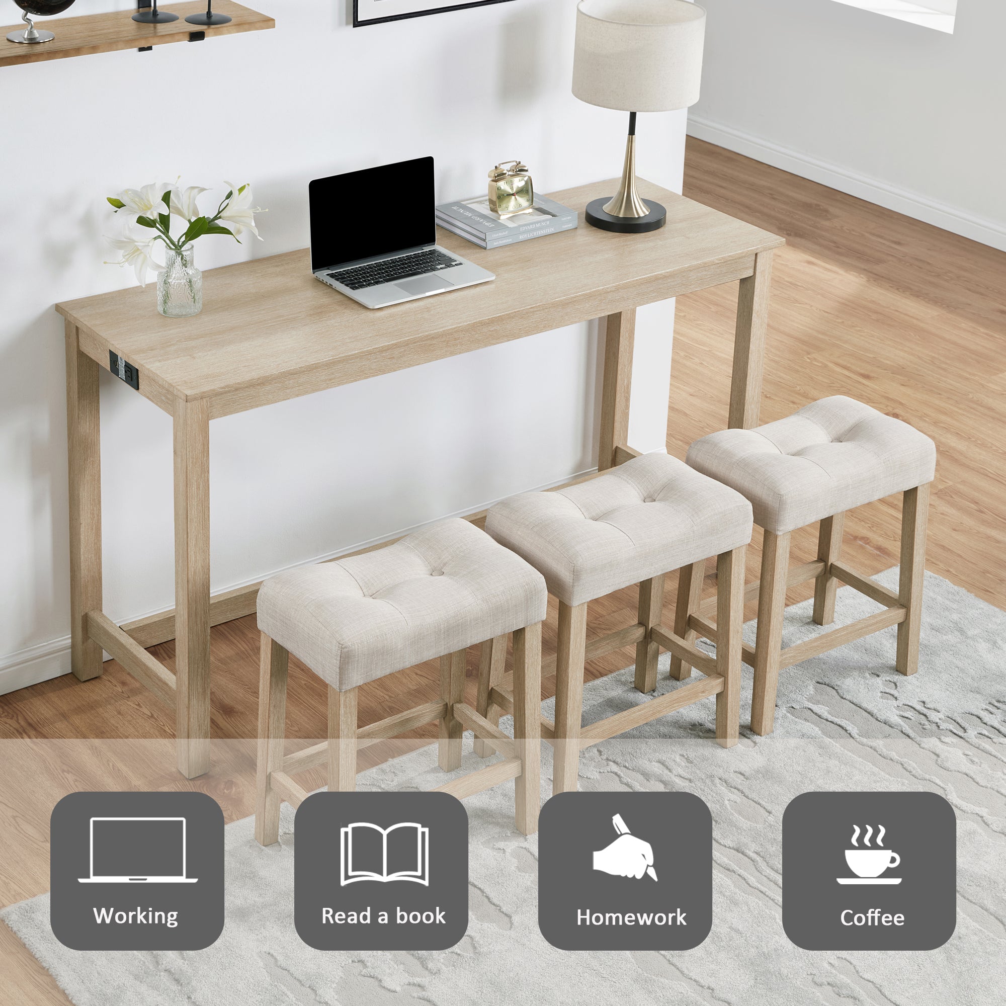4 Piece Bar Table Set with Power Outlet,Bar Table Set with Chairs,Sofa Bar Table with Stools,Behind Couch Table with 3 Padded Stools for Living Room,Dining room, Light Oak