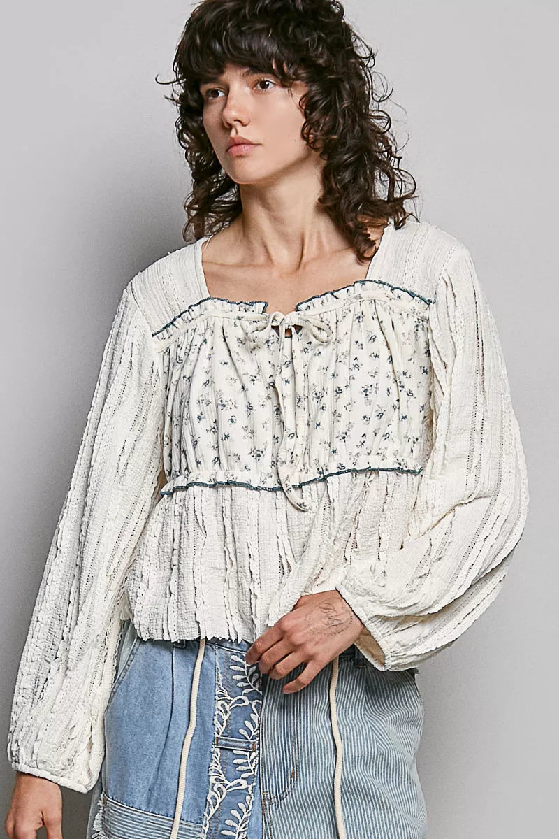 POL Square Neck Lace Long Balloon Sleeve Top