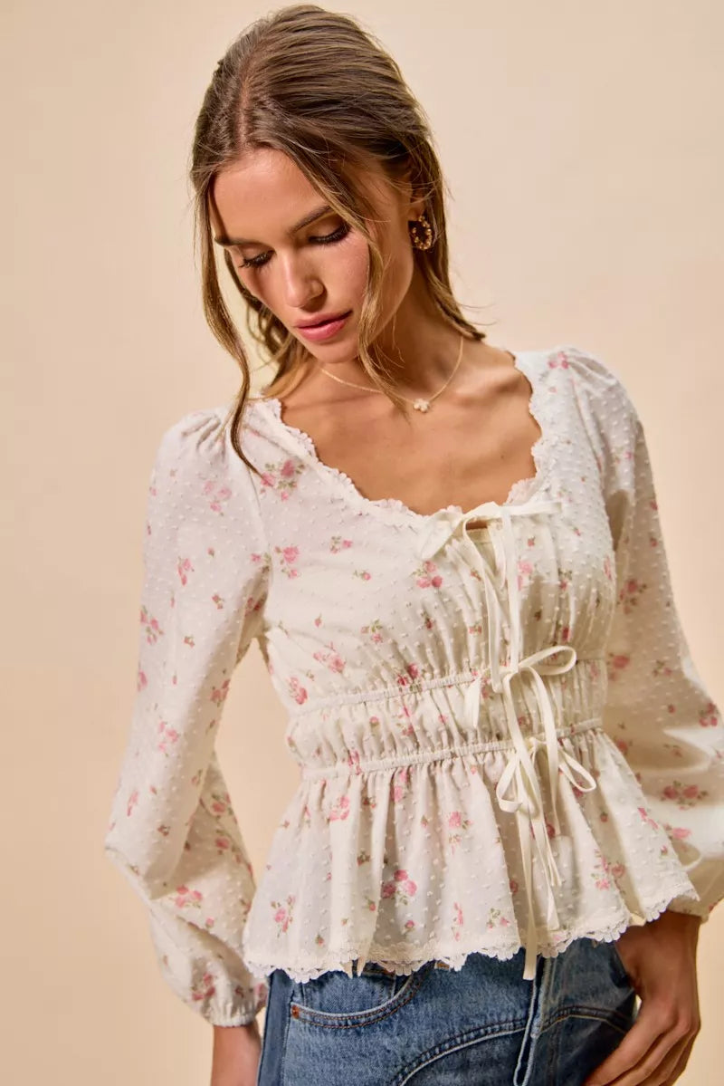 SO ME Floral Clip Dot Lace Trim Ruched Bodice Blouse