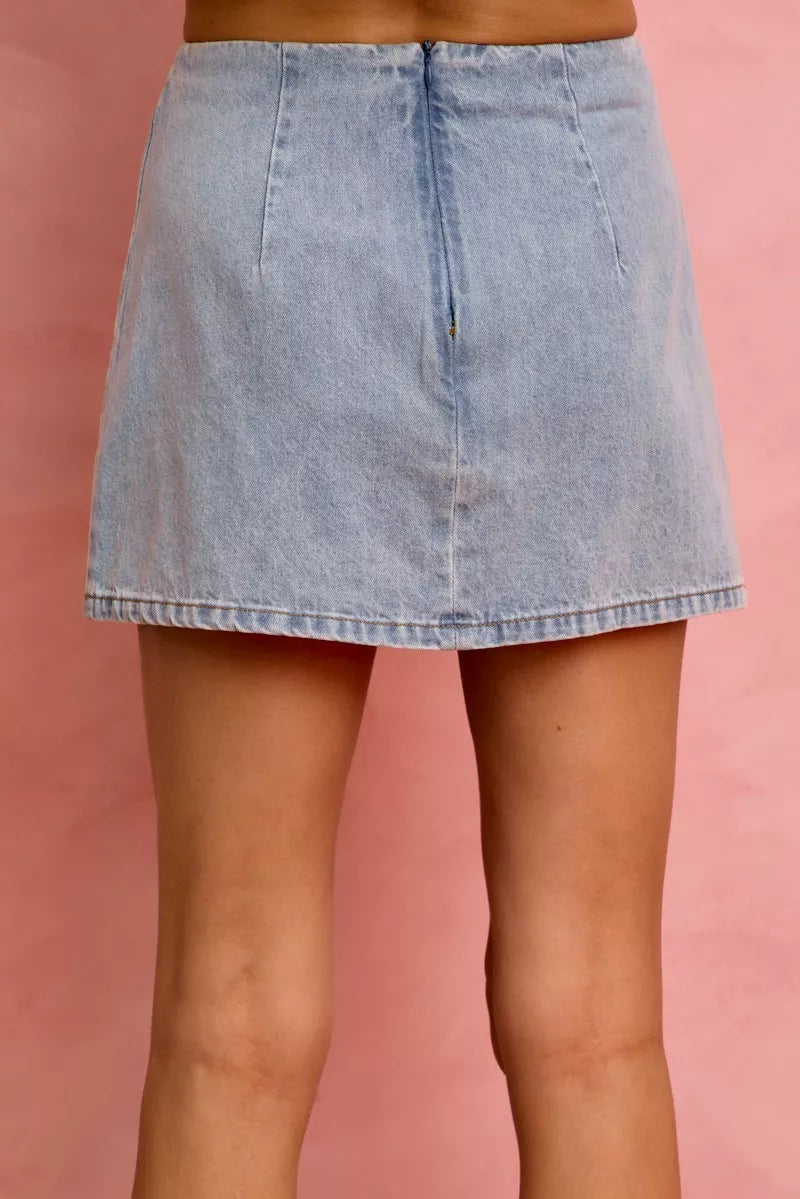 SO ME Lace Ribbon Trim Denim Mini Skirt