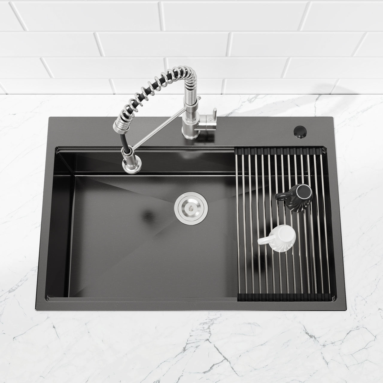 Stainless Steel Kitchen Sink, 33″x22″ Single Bowl, Overmount Handmade Sink in Black, with Cutting Board, Colander, Grid, SS-BL-01