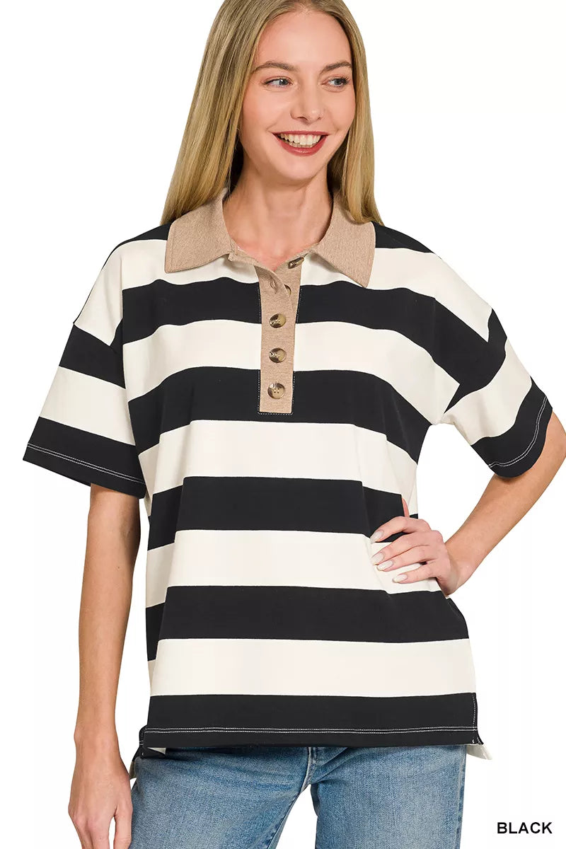 Zenana Striped Collared Polo Top