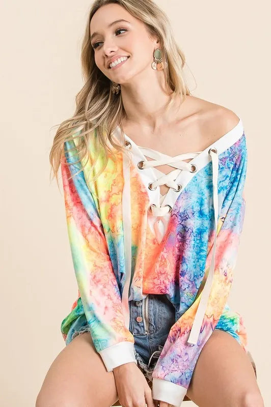BiBi Tie Dye Deep V-neck Top With Lace Up Front