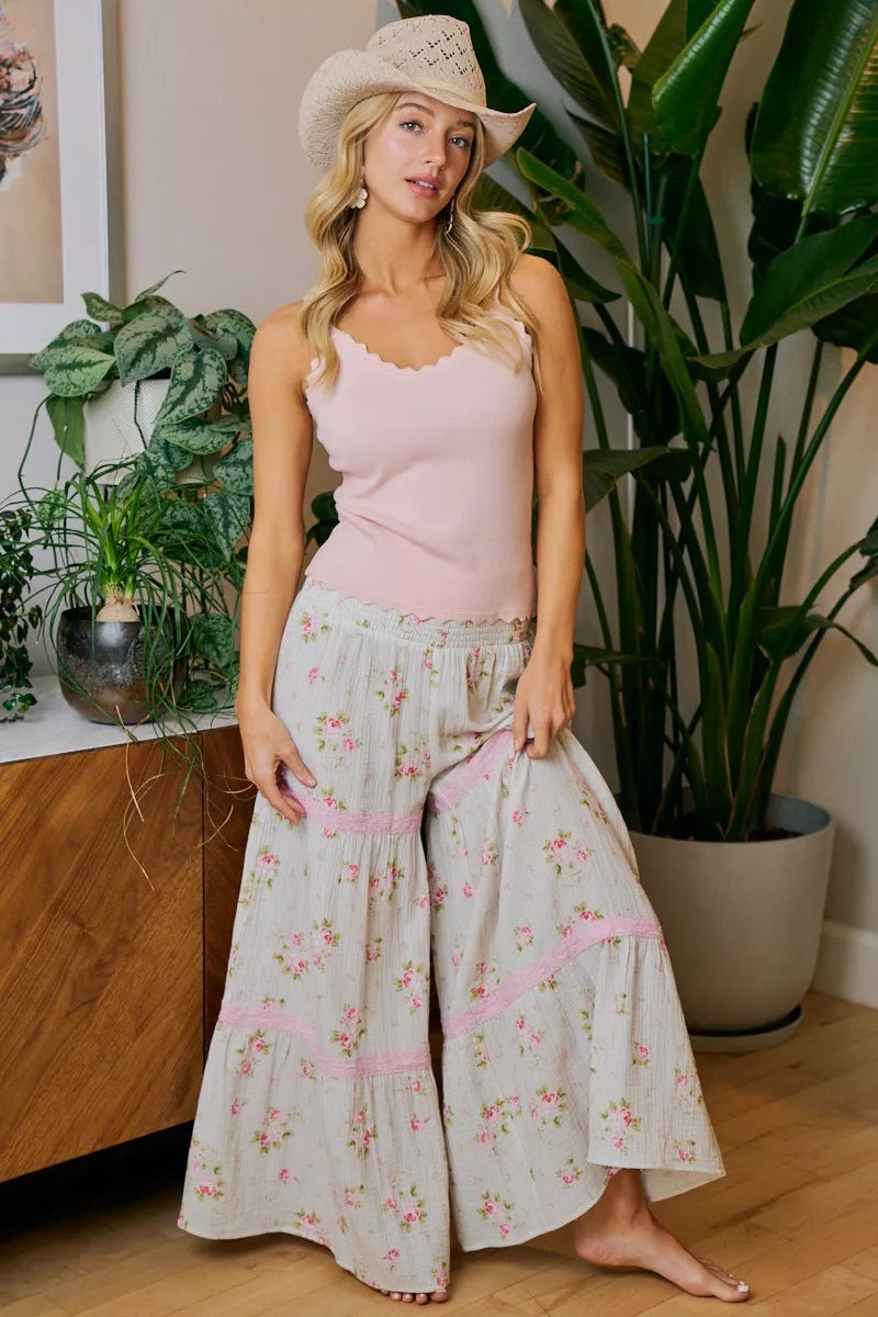 BiBi Rose Printed Gauze Trim Detail Smocked Maxi Pants