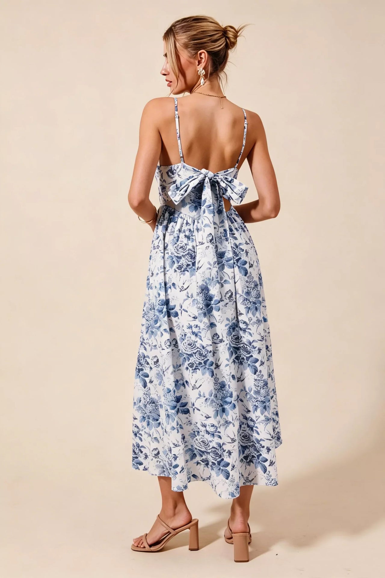 SO ME Floral Woven V Neck Dress With Back Ribbon Tie
