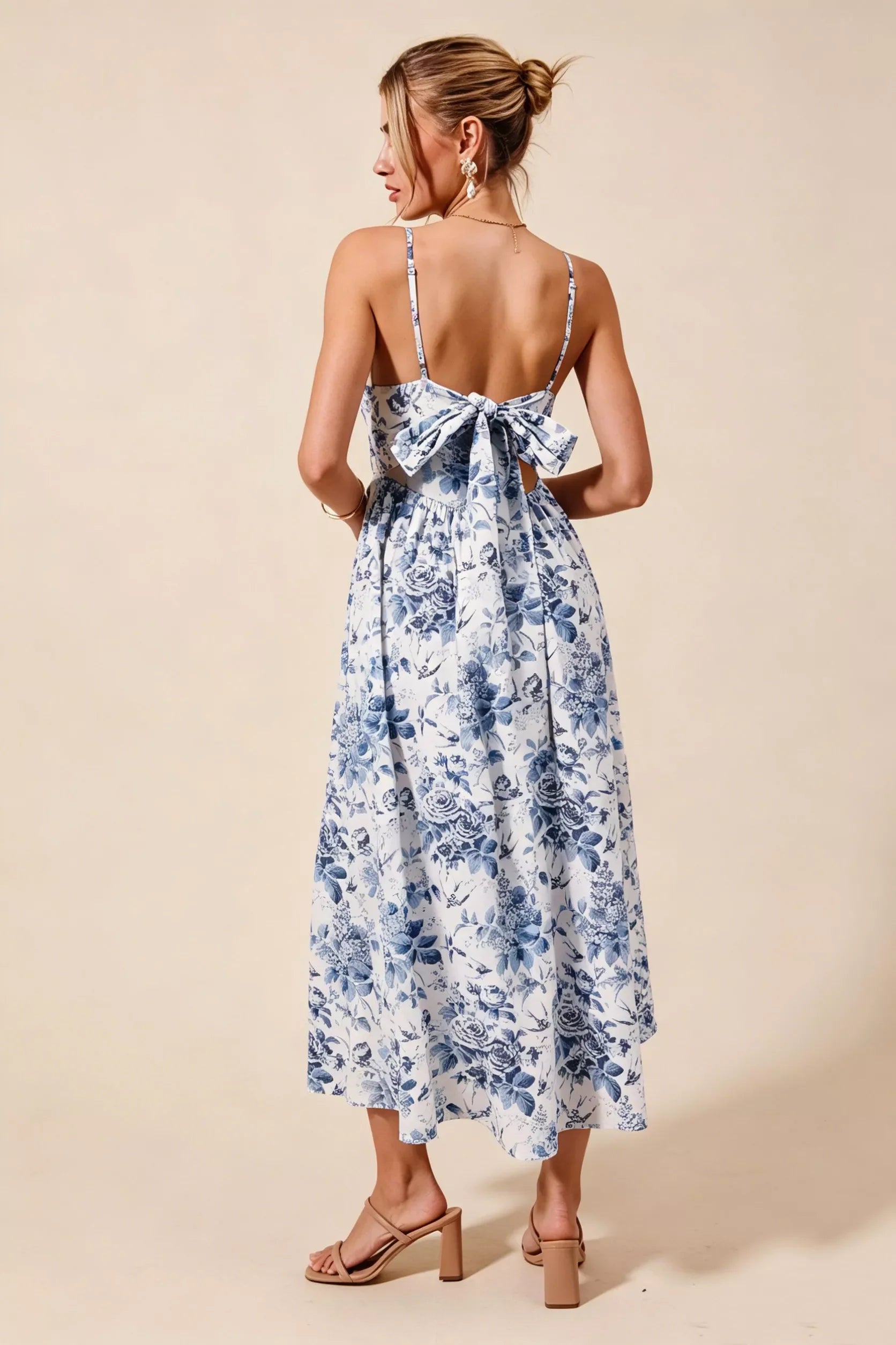 SO ME Floral Woven V Neck Dress With Back Ribbon Tie