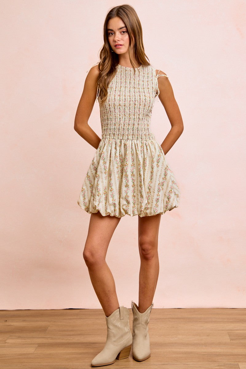 BiBi Floral Bow Tie Attachable Puff Sleeves Dress