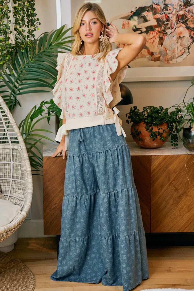 BiBi Flower Printed Ruffle Sleeve Trim Detail Top