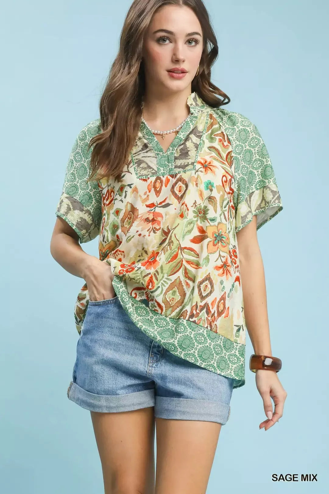 Umgee Mixed Print V-Neck Short Sleeve Top