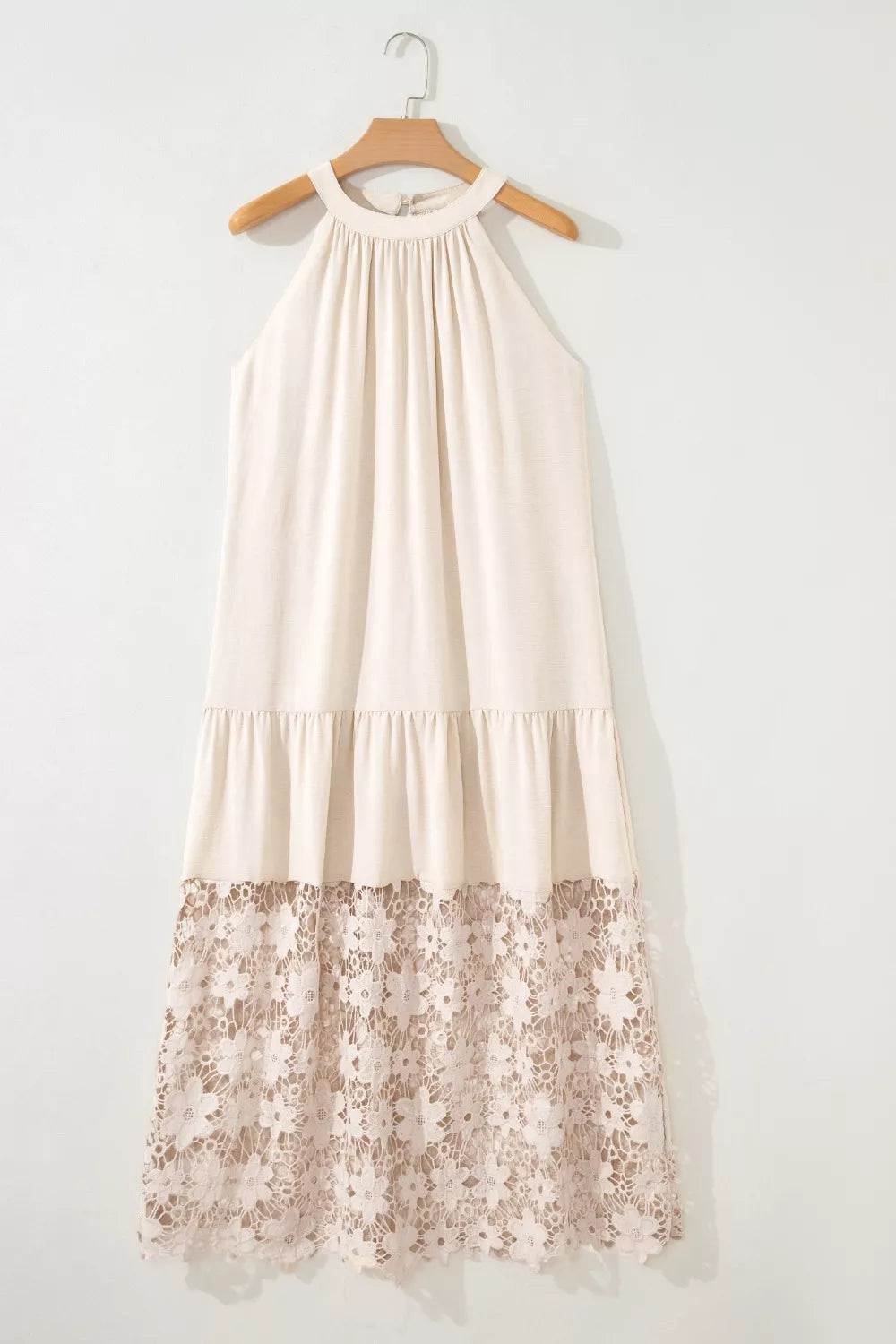 Hollowed Floral Lace Hem Patchwork Loose Halter Summer Dress