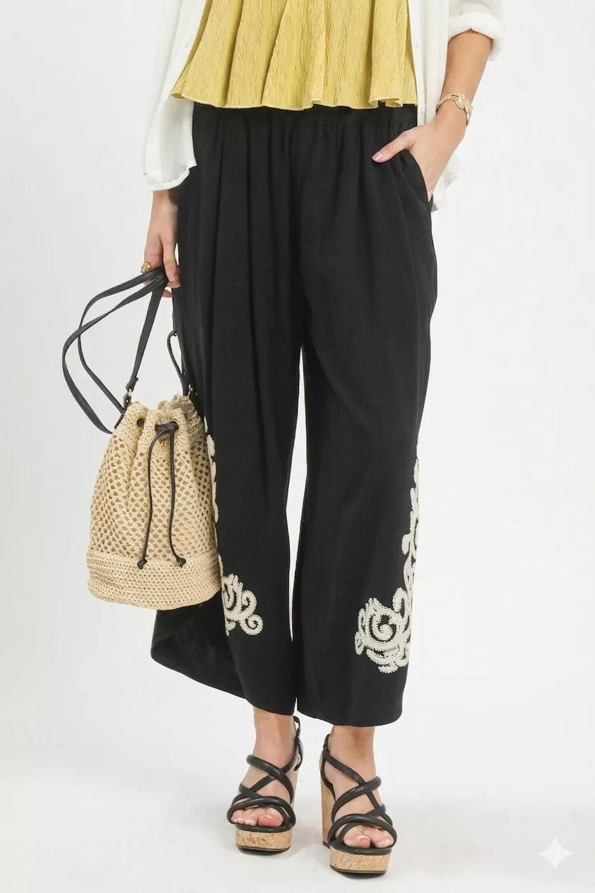 Umgee Linen Embroidered Wide-Leg Boho Pants