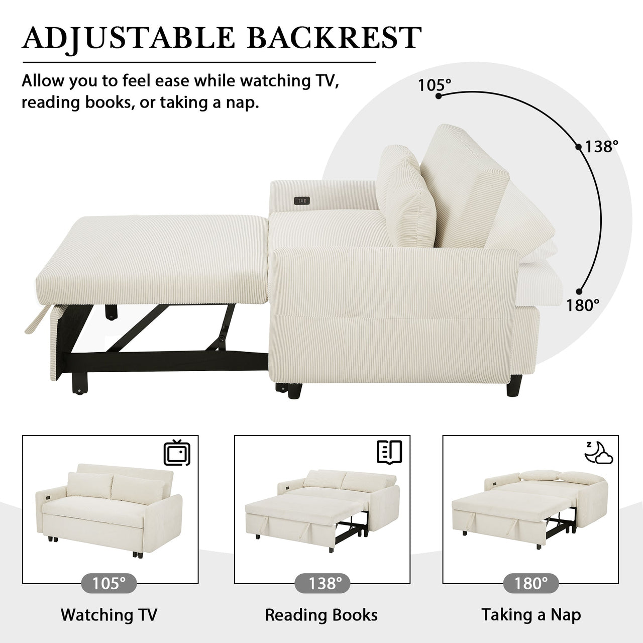 Modern Convertible Pull-out Sofa Bed with USB Ports and Pillows, Beige Corduroy, 57.48 inches