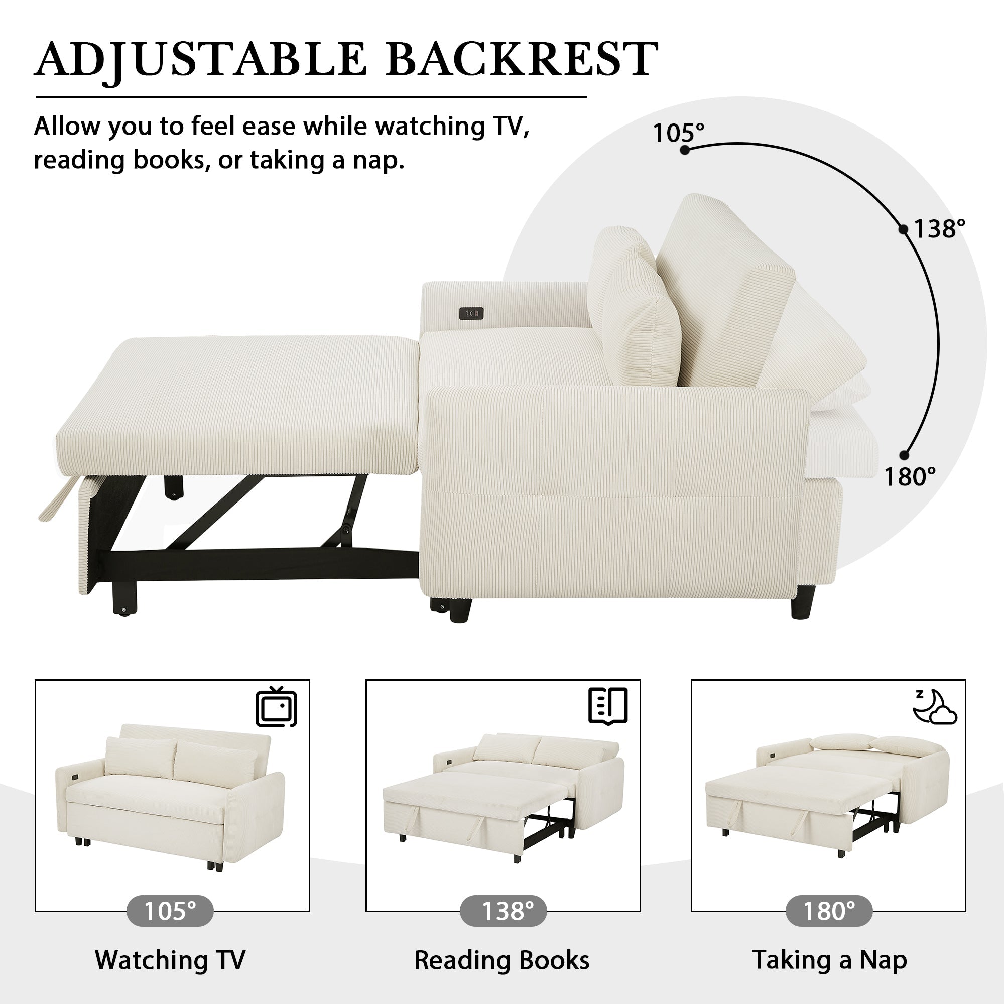 Modern Convertible Pull-out Sofa Bed with USB Ports and Pillows, Beige Corduroy, 57.48 inches