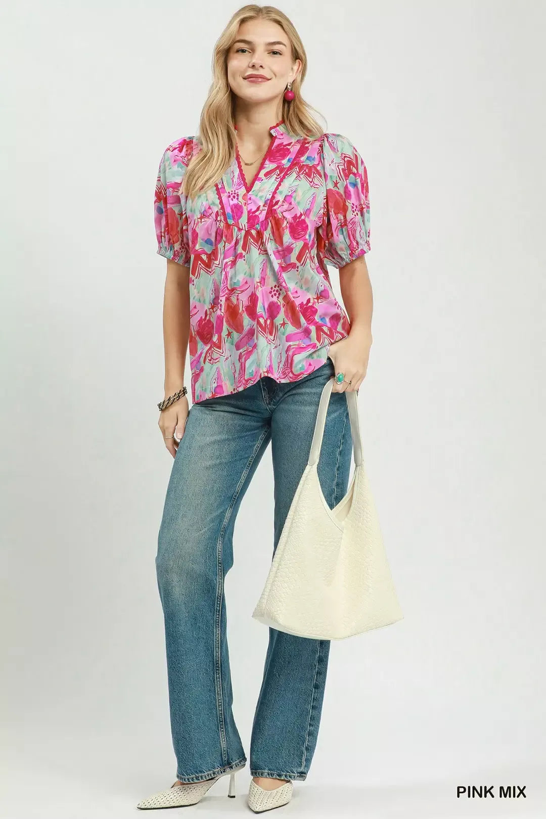 Umgee Abstract Print Puff Sleeve Top